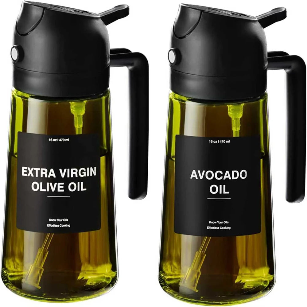 2-in-1 Olive Oil Sprayer & Dispenser – 470ML Glass Bottle