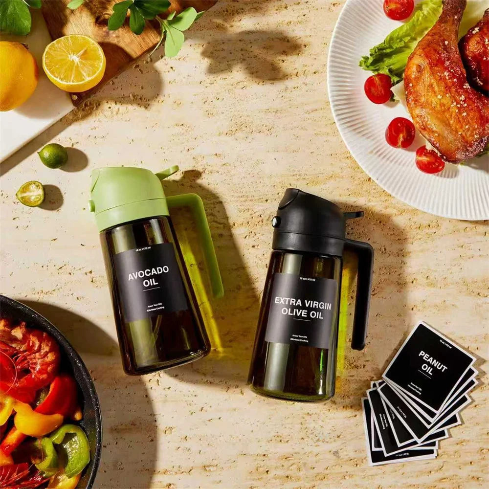 2-in-1 Olive Oil Sprayer & Dispenser – 470ML Glass Bottle