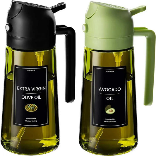 2-in-1 Olive Oil Sprayer & Dispenser – 470ML Glass Bottle
