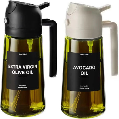 2-in-1 Olive Oil Sprayer & Dispenser – 470ML Glass Bottle