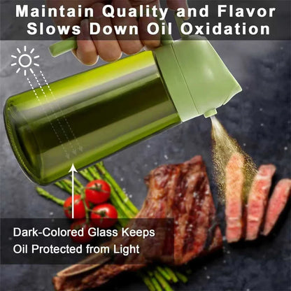2-in-1 Olive Oil Sprayer & Dispenser – 470ML Glass Bottle