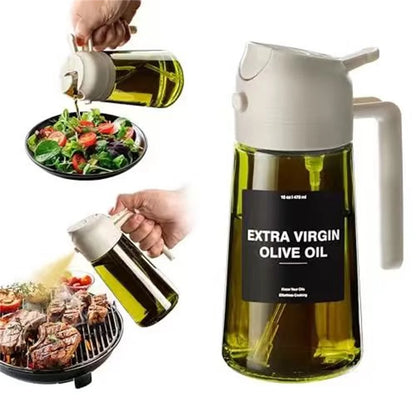 2-in-1 Olive Oil Sprayer & Dispenser – 470ML Glass Bottle