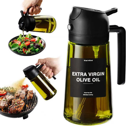 2-in-1 Olive Oil Sprayer & Dispenser – 470ML Glass Bottle