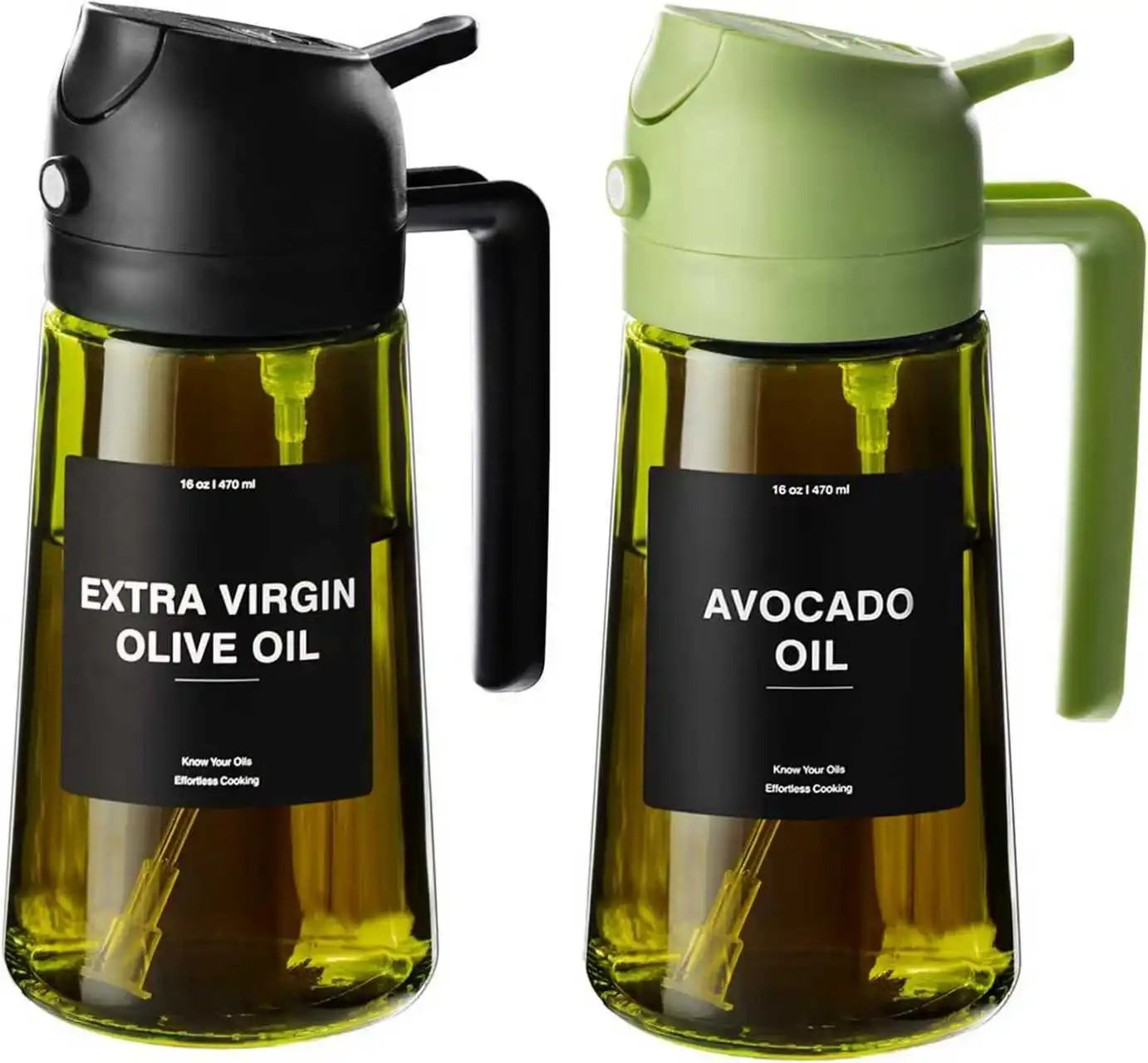 2-in-1 Olive Oil Sprayer & Dispenser – 470ML Glass Bottle