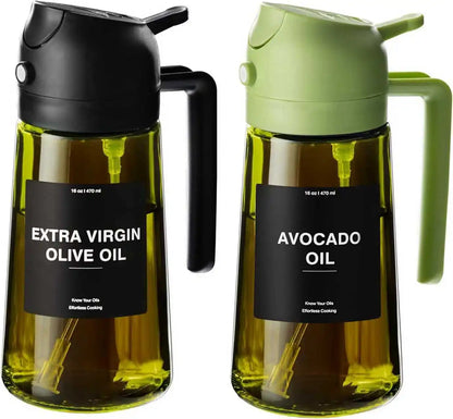 2-in-1 Olive Oil Sprayer & Dispenser – 470ML Glass Bottle