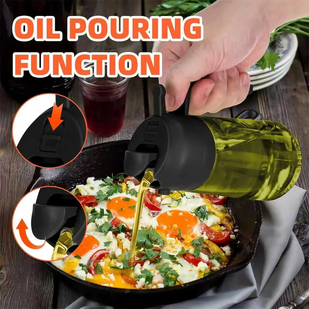 2-in-1 Olive Oil Sprayer & Dispenser – 470ML Glass Bottle